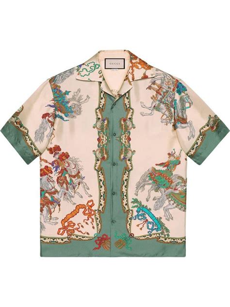 Silk bowling shirt with jousting print 